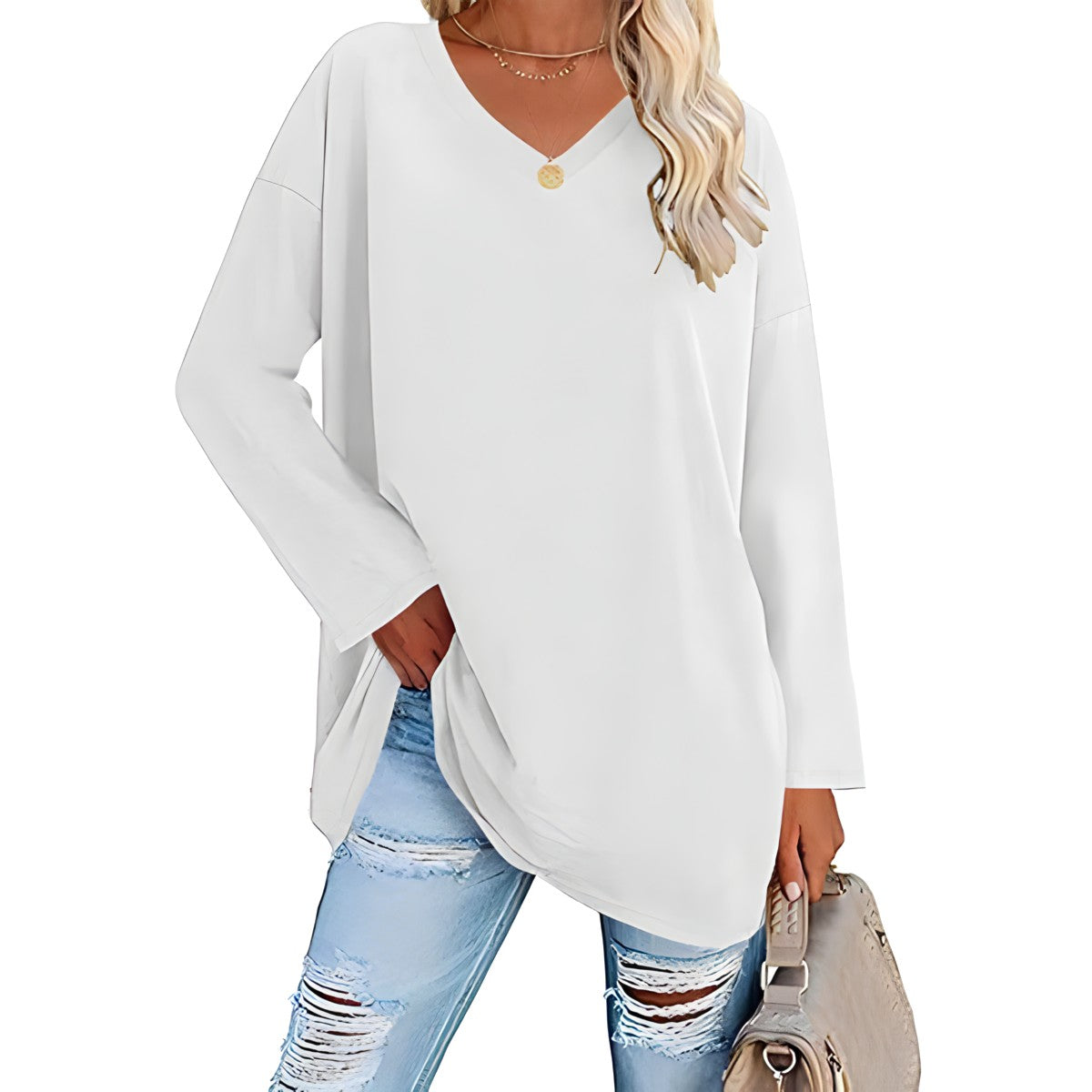 Women's Loose Tunic Top with V-Neck and Long Sleeves