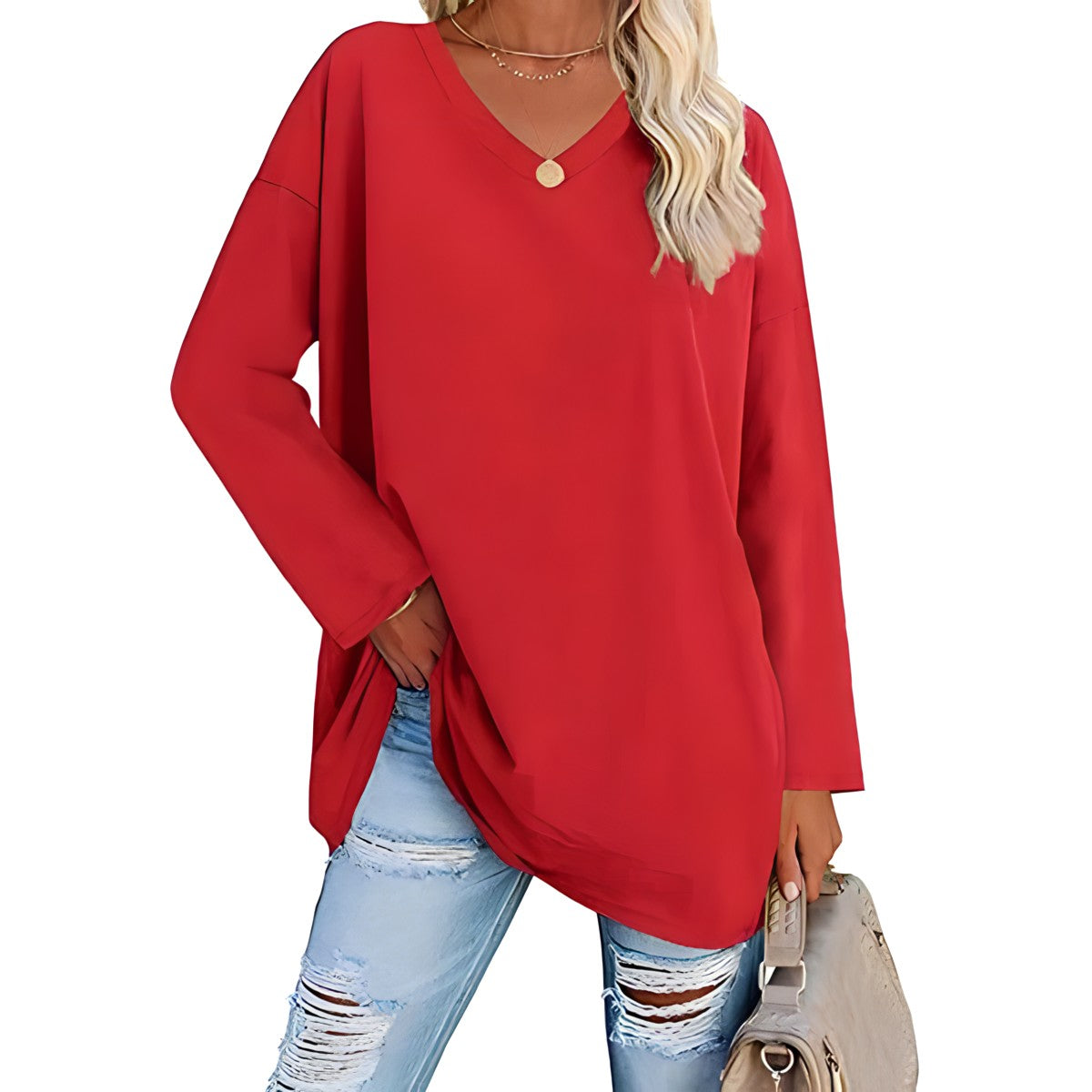 Women's Loose Tunic Top with V-Neck and Long Sleeves