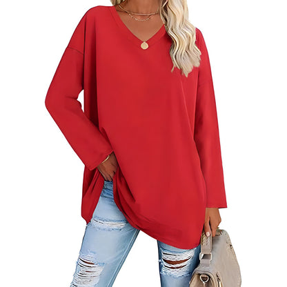 Women's Loose Tunic Top with V-Neck and Long Sleeves
