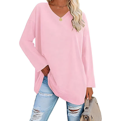 Women's Loose Tunic Top with V-Neck and Long Sleeves