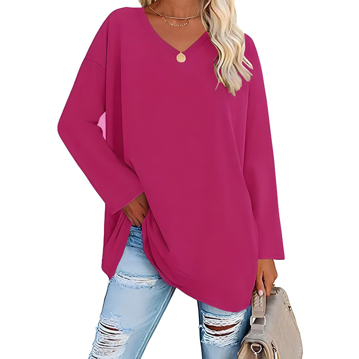 Women's Loose Tunic Top with V-Neck and Long Sleeves