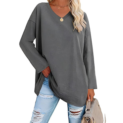 Women's Loose Tunic Top with V-Neck and Long Sleeves
