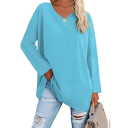 Women's Loose Tunic Top with V-Neck and Long Sleeves