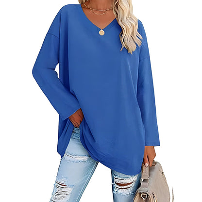 Women's Loose Tunic Top with V-Neck and Long Sleeves
