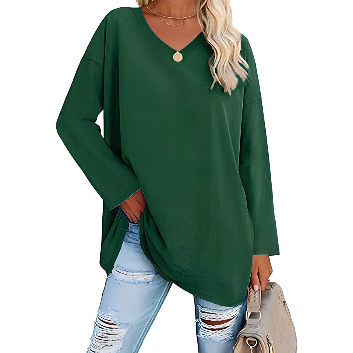 Women's Loose Tunic Top with V-Neck and Long Sleeves