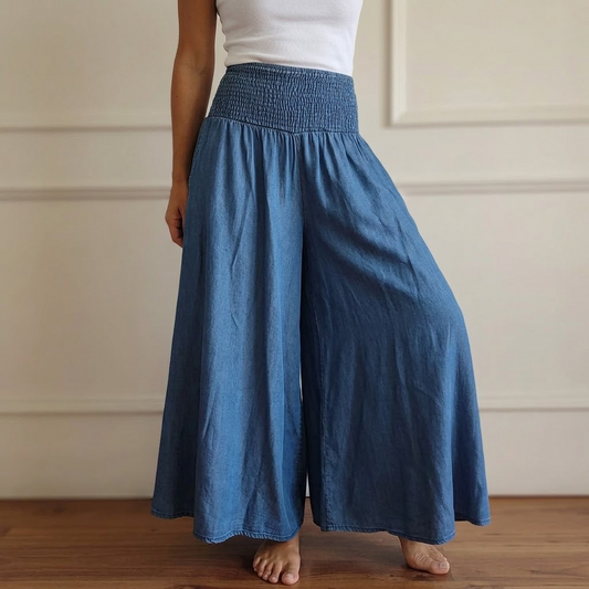 Women's Wide Leg Smocked High Waist Denim Pants