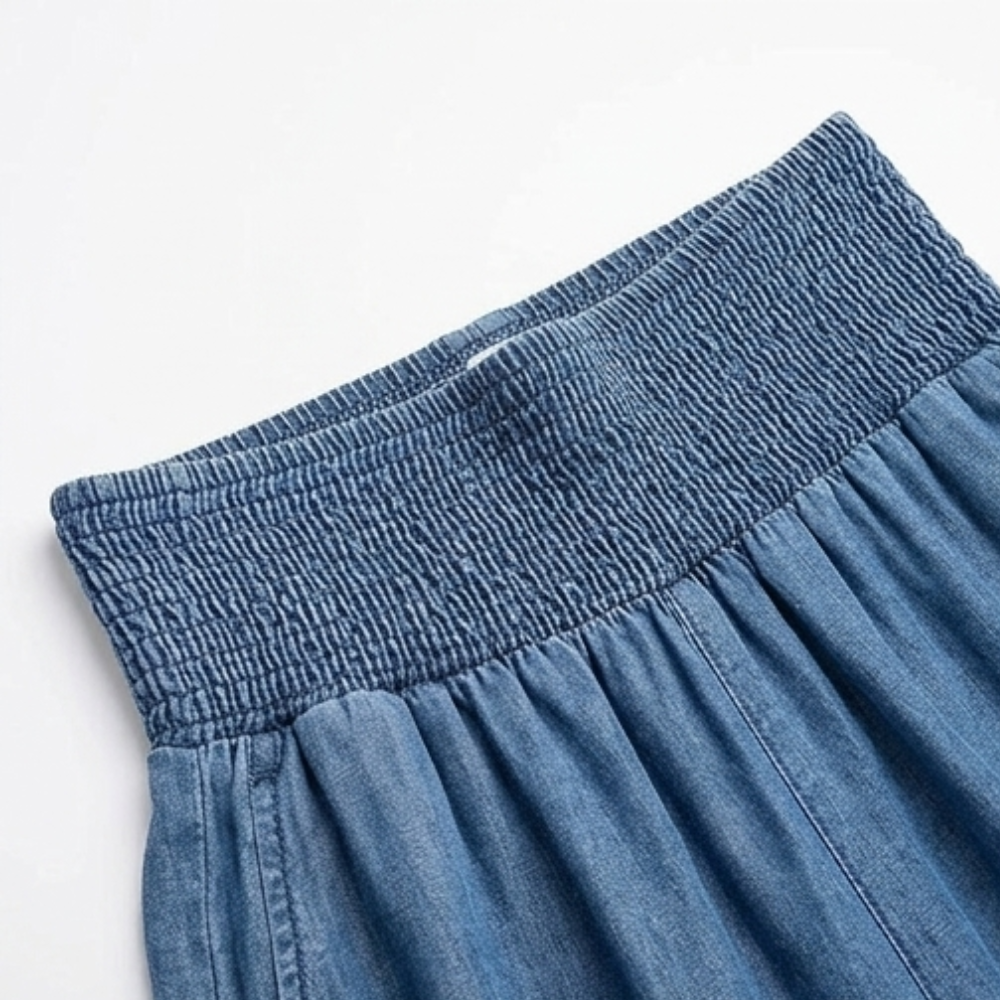 Women's Wide Leg Smocked High Waist Denim Pants