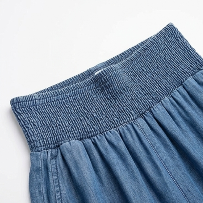 Women's Wide Leg Smocked High Waist Denim Pants