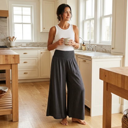 Women's Wide Leg Smocked High Waist Denim Pants